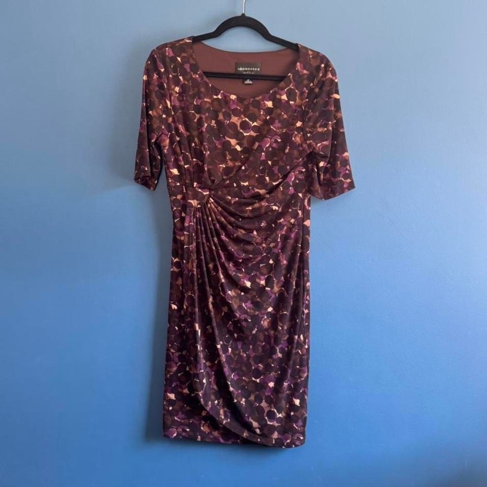 Connected Ruched Dress Women's SIze 8 Petite Purple Brown Pattern Office Classic